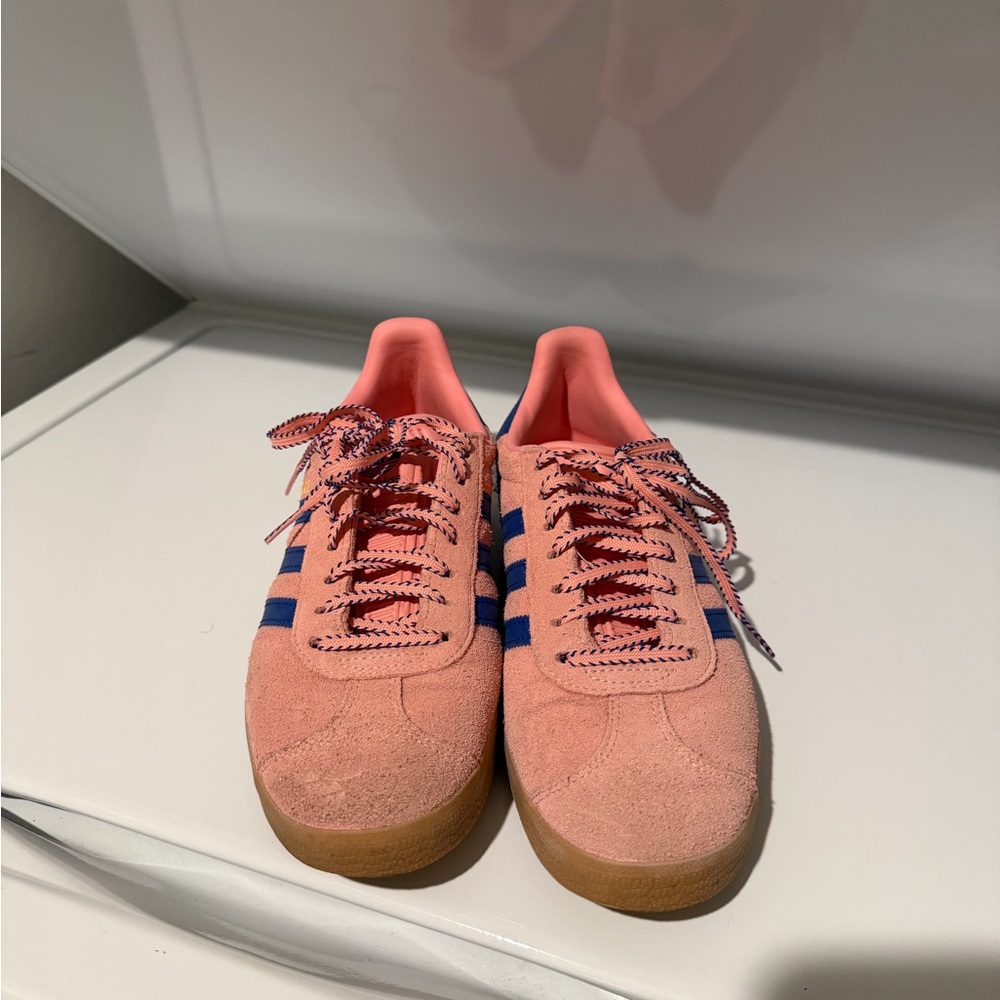 Adidas Gazelle Stylish Pink Sneakers with Blue Accents